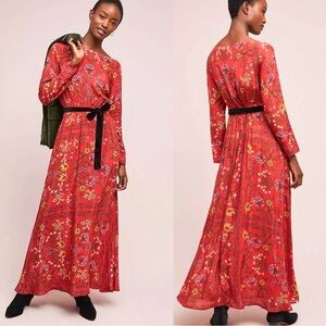 Laia at Anthropologie XS $228 Roberta Floral Red Long Sleeve Fall Maxi Dress